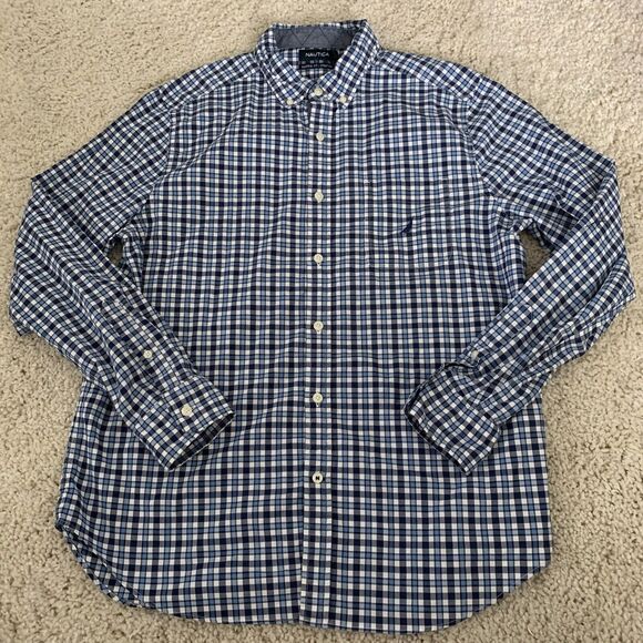 Nautica Mens Large Long Sleeve Blue Check Shirt Classic Fit Stretch Button Down - Picture 3 of 7